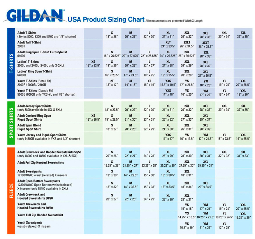 Gildan Size Chart  Custom T-Shirts from Monkey In A Dryer, A Custom Screen  Printing Company in Minneapolis