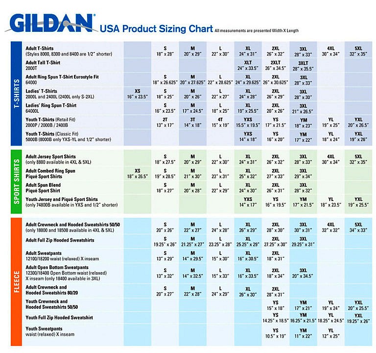 gildan size chart cm