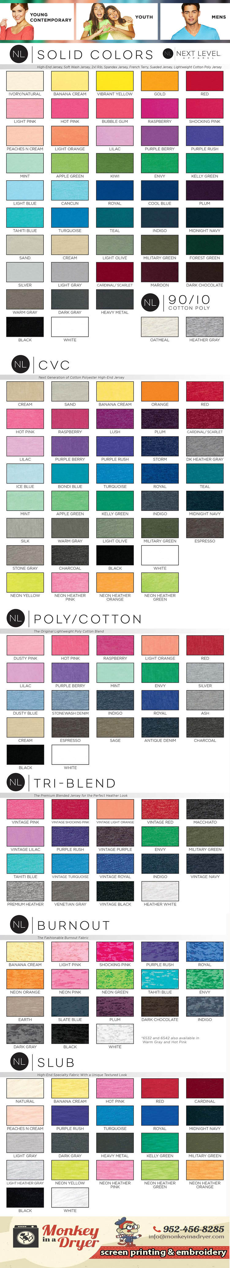 Next Level Apparel Swatch Color Chart | Monkey In A Dryer Screen Printing
